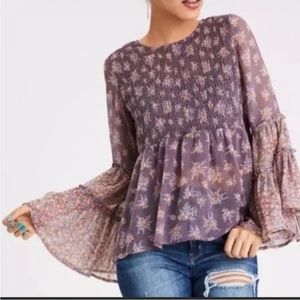 American Eagle Boho Smocked Bell Sleeve Floral Peasant Top Size M Bohemian